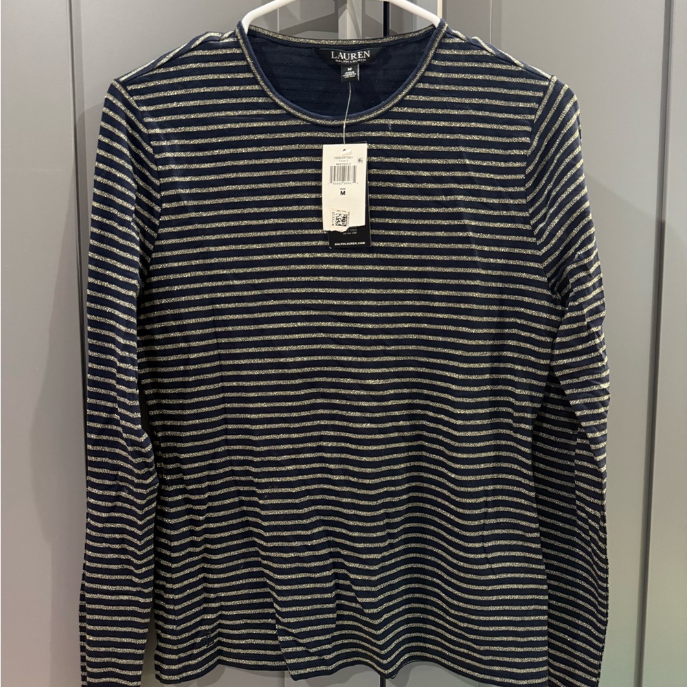 Ralph Lauren Navy and Gold Sparkly Striped Long Sleeve Shirt